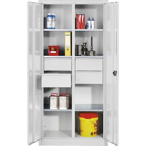 4064615116330 - Materialschrank aus Stahlblech 6 Fachböden 4 Schubladen HxBxT 1950 x 1200 x 500 mm lichtgrau C+P