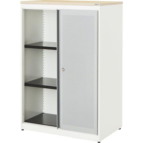 4250633331484 - mauser Schiebetürenschrank akustisch wirksam Kunststoffplatte HxBxT 1180 x 800 x 432 mm 2 Fachböden reinweiß   weißaluminium   Ahorn