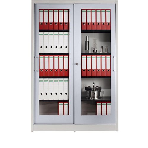 4250633324509 - mauser Schiebetürschrank mit Glasfront 4 Fachböden HxBxT 1965 x 1200 x 420 mm lichtgrau weißaluminium 4250633324509 - mauser Schiebetürschrank mit Glasfront 4 Fachböden HxBxT 1965 x 1200 x 420 mm lichtgrau weißaluminium