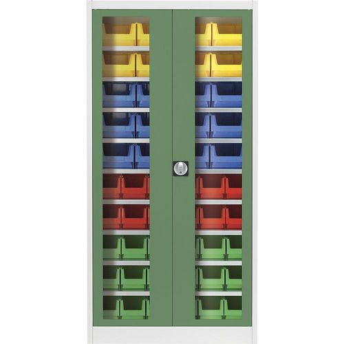 4250633342619 - mauser Sichtfenster-Flügeltürenschrank mit 50 Sichtlagerkästen lichtgrau   resedagrün