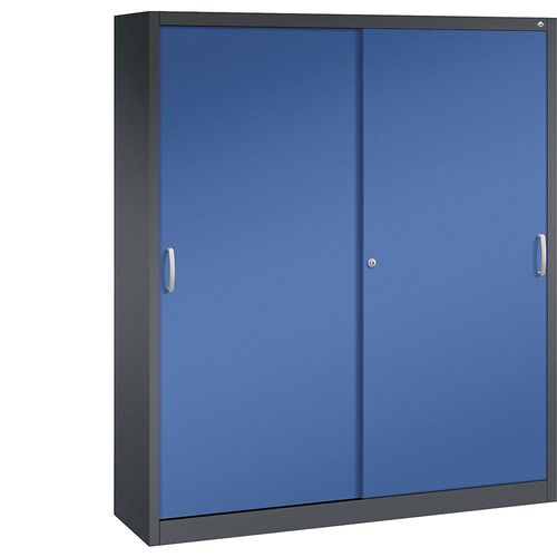 4063332004531 - ACURADO Schiebetürenschrank 6 Fachböden 2 Schließfächer HxBxT 1950 x 1600 x 400 mm schwarzgrau   enzianblau