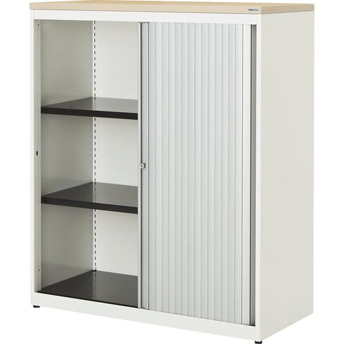4250633329870 - mauser Querrollladenschrank HxBxT 1180 x 800 x 432 mm Kunststoffplatte 2 Fachböden reinweiß   alufarben   Ahorn