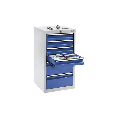 4031068141943 - Schubladenschrank HxBxT 900 x 500 x 500 mm 4 Schubladen 100 mm hoch 2 Schubladen 200 mm Korpus lichtgrau Schubladen enzianblau 4031068141943 - Schubladenschrank HxBxT 900 x 500 x 500 mm 4 Schubladen 100 mm hoch 2 Schubladen 200 mm Korpus lichtgrau Schubladen enzianblau