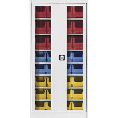4250633342480 - mauser Sichtfenster-Flügeltürenschrank mit 32 Sichtlagerkästen lichtgrau