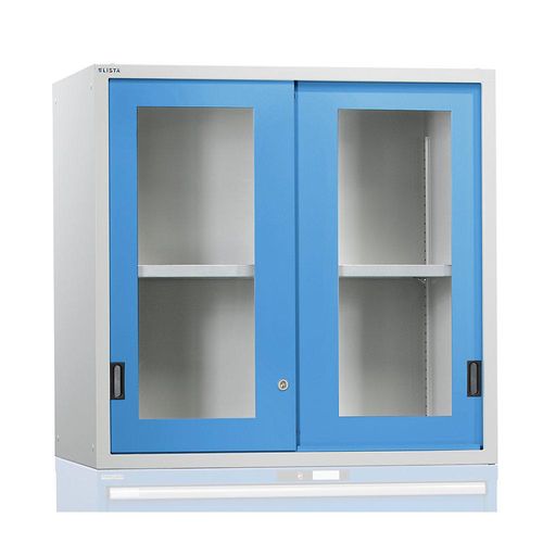 4047417507766 - Aufsatzschrank mit Sichtfensterschiebetüren BxTxH 1431x725x1000 mm 1 Verstellboden ral 5012 passend zu Schubladenschrank 78x36 e