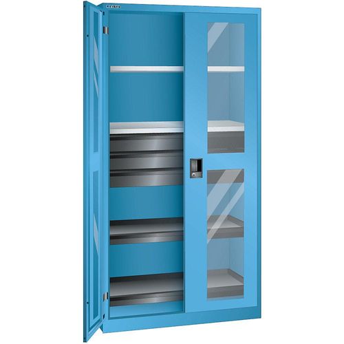 4047417506615 - LISTA Sichtfensterschrank HxBxT 1950 x 1000 x 580 mm mit 2 Fachböden 2 Auszugböden und 3 Schubladen lichtblau 4047417506615 - LISTA Sichtfensterschrank HxBxT 1950 x 1000 x 580 mm mit 2 Fachböden 2 Auszugböden und 3 Schubladen lichtblau