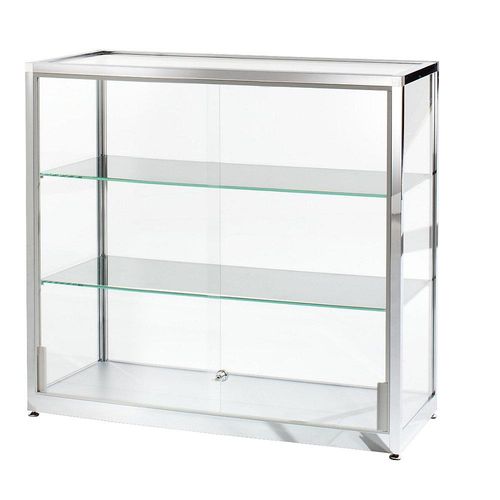 4260222860349 - Vitrine halbhoch Höhe 910 mm 2 Schiebetüren BxT 1000 x 400 mm Edelstahl-Optik kaiserkraft