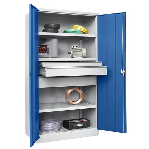 4055479844323 - Schwerlastschrank Höhe 1950 mm 3 Fachböden 3 Schubladen grau   blau