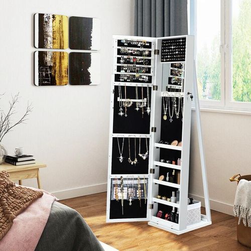 0617748479953 - Costway - Schmuckschrank abschliessbar Schmuckregal mit Ganzkoerperspiegel und kleinem Schminkspiegel Schmuck Spiegelschrank 91 Plaetze fuer Ringe