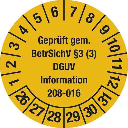 4061466088526 - Geprüft gem BetrSichV §3 Dokumentenfolie Ø 30 mm VE 10 Stk 26 - 31 gelb 4061466088526 - Geprüft gem BetrSichV §3 Dokumentenfolie Ø 30 mm VE 10 Stk 26 - 31 gelb
