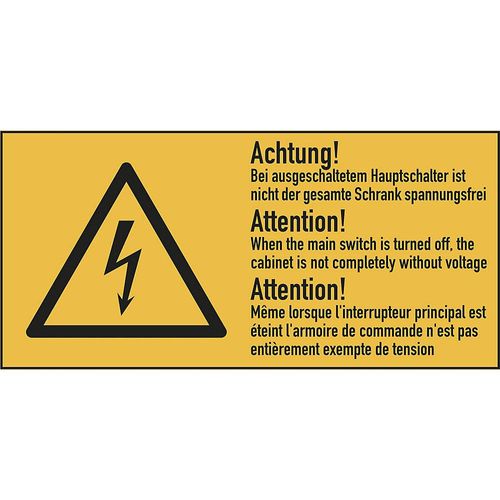 4061466044201 - Mehrsprachige Kombischilder mit Text für Elektroeinsatzbereiche Achtung! Bei ausgeschaltetem Hauptschalter ist nicht der gesamte Schrank spannungsfrei VE 10 Stk Folie LxH 100 x 50 mm