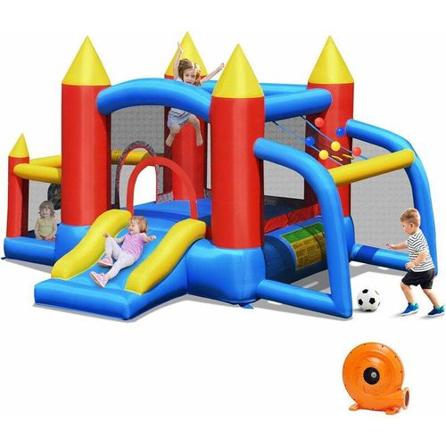 0736542321166 - Costway - Hüpfburg + 450W Geblaese Springburg Hüpfschloss Outdoor Bouncer mit Rutsche 60 Ozeanbaelle Fussballtor 2 Dartpfeile Tragetasche