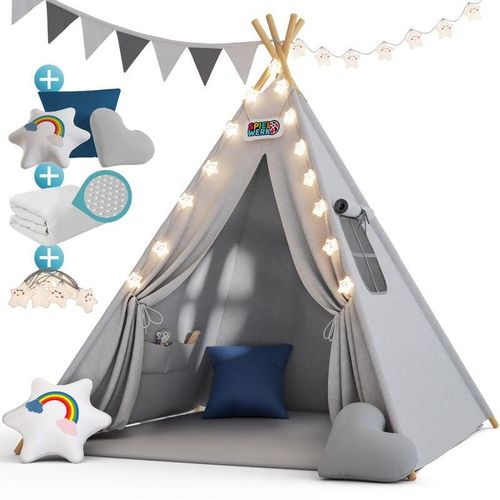 4251777202876 - Tipi Zelt für Kinder Indoor 130x130cm Set mit Bodenmatte Kinderzelt Lichterkette Girlande Kissen Spielzelt Baumwolle Holz Tragetasche blau - Spielwerk