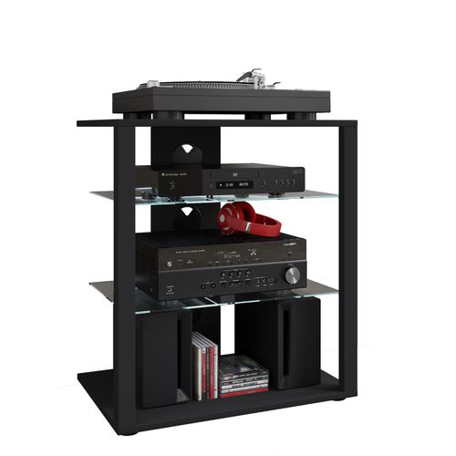 4051814424861 - Media-Board Hifi Holz Möbel Rack Schrank Phono Regal 2 Glasböden Maße H 70 x B 60 x T 41 cm Phono Mediaregal - Folas Gr 60 schwarz B60cm H70cm T41cm Sideboards