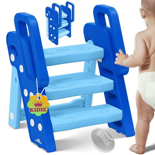 4255598324571 - KIDIZ® Tritthocker für Kinder Trittleiter Klappbar mit 3 Stufen Faltbarer Lern-Turm ab 18 Monaten bis 6 Jahren Robust Sicherer & Stabiler Trittschemel Höhenverstellbar Rutschfest