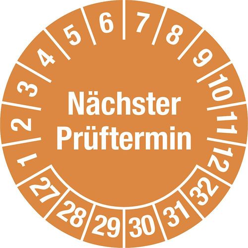 4061466114317 - Nächster Prüftermin Mehrjahreszahlen Dokumentenfolie für ölhaltige Untergründe Ø 30 mm VE 10 Stk 27 - 32 orange