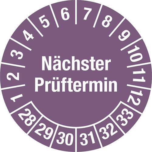 4061466114324 - Nächster Prüftermin Mehrjahreszahlen Dokumentenfolie für ölhaltige Untergründe Ø 30 mm VE 10 Stk 28 - 33 violett