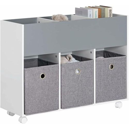 4251388621554 - KMB61-HG Kinderregal mit 3 Stoffboxen Bücherregal Kinderzimmer Regal mit Rollen Kinder Aufbewahrungsregal für Kinder Spielzeug-Organizer Hellgrau bht