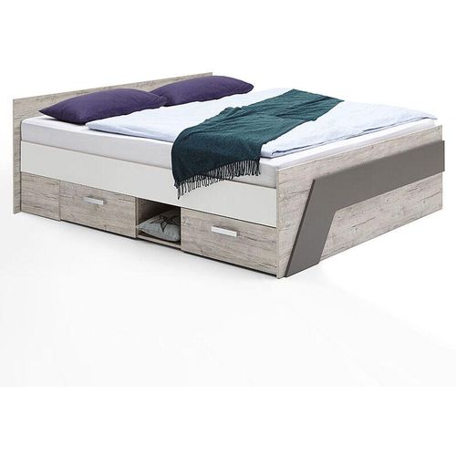 4251581558466 - Lomadox - Jugendbett 140x200 cm LEEDS-10 mit 2 Schubkästen Sandeiche Nb weiß Lava b x h x t ca 145 x 695 x 2045cm - grau