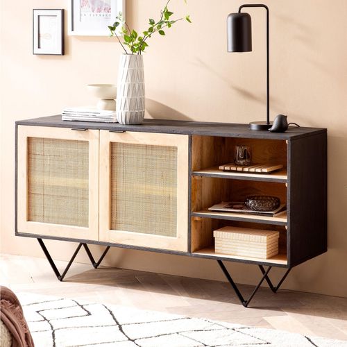 4251757719547 - Sideboard 145x75x40 cm Mango Massivholz   Rattan Kommode mit 2 Türen Hoher Kommodenschrank Schwarz   Braun Standschrank Wohnzimmer mit