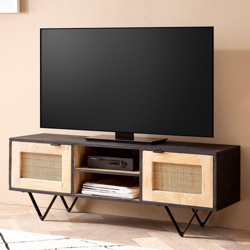 4251757719516 - Lowboard Mango Massivholz   Rattan 120x44x35 cm TV-Kommode mit zwei Türen Design TV-Schrank mit Kabeldurchlass Fernsehtisch Fernsehschrank Modern