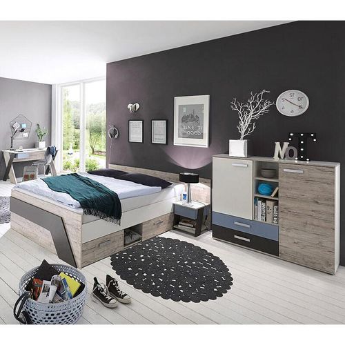 4251581558565 - Lomadox - Jugendzimmer mit Bett 140x200 cm und Schreibtisch 4-teilig LEEDS-10 in Sandeiche Nb mit weiß Lava und Denim Blau - grau