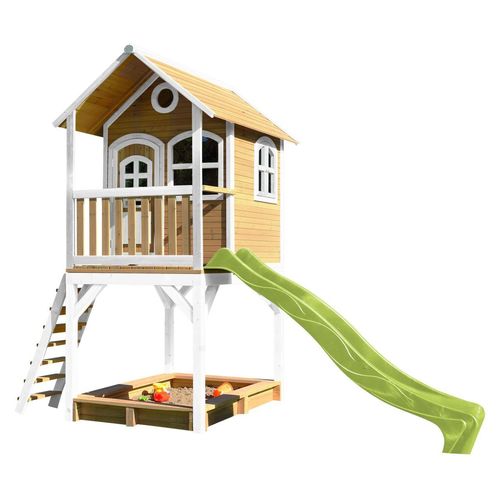 8717973932888 - Spielhaus Sarah mit Sandkasten & hellgrüner Rutsche Stelzenhaus in Braun & Weiß aus fsc Holz für Kinder Spielturm mit Wellenrutsche für den Garten