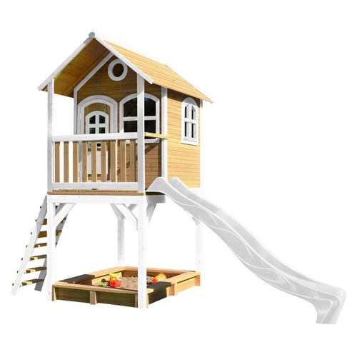 8717973932925 - - Spielhaus Sarah mit Sandkasten & weißer Rutsche Stelzenhaus in Braun & Weiß aus fsc Holz für Kinder Spielturm mit Wellenrutsche für den Garten