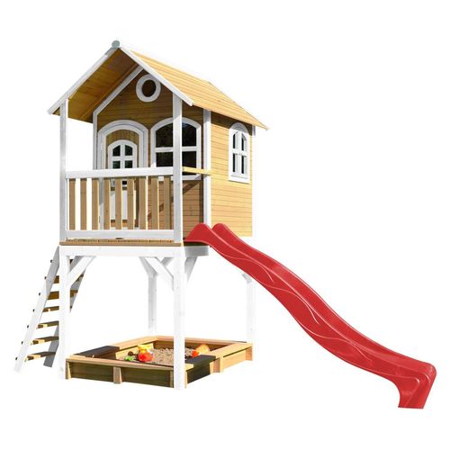 8717973932895 - Spielhaus Sarah mit Sandkasten & roter Rutsche Stelzenhaus in Braun & Weiß aus fsc Holz für Kinder Spielturm mit Wellenrutsche für den Garten - Braun