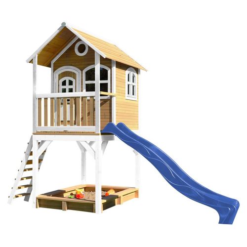 8717973932901 - Spielhaus Sarah mit Sandkasten & blauer Rutsche Stelzenhaus in Braun & Weiß aus FSC Holz für Kinder Spielturm mit Wellenrutsche für den Garten