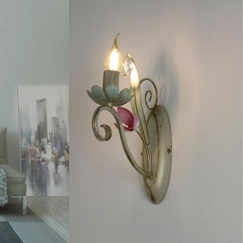 4251334609414 - Licht-erlebnisse - Wandlampe Weiß Shabby Floral - Weiß Rosa Grün