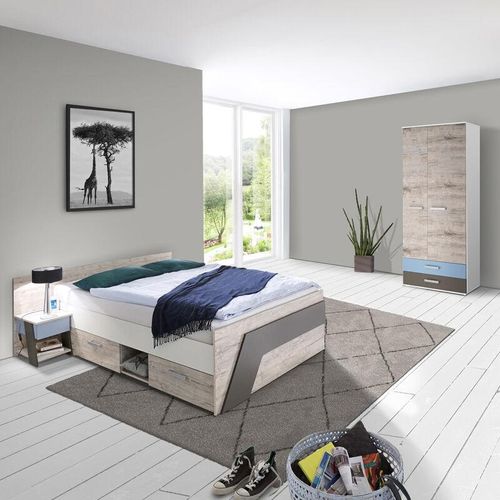 4066075015802 - Lomadox - Jugendzimmer Set mit 140x200cm Bett LEEDS-10 in Sandeiche Nachbildung mit weiß Lava und Denim Blau