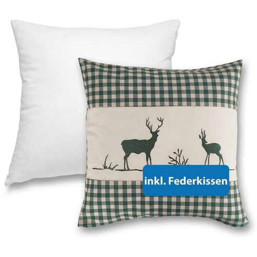 4251474134630 - Wometo - Kissenbezug Kissenhülle 40x40 cm Hirsch grün mit Federkissen Füllung OekoTex - Reißverschluss Landhaus-Stil Dekokissen Zierkissen Stick