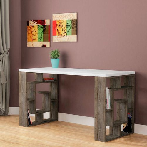 8680812109072 - Decortie - Labirent Moderner Schreibtisch mit Bücherregalbeinen Breite 137cm - Weiß   Dunkelbraun - Weiß - Dunkelbraun