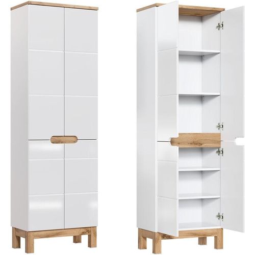 4251581575999 - Lomadox - Hochschrank mit 4 Türen SOLNA-56 Hochglanz weiß mit Wotaneiche b x h x t ca 60 x 187 x 33cm - weiß