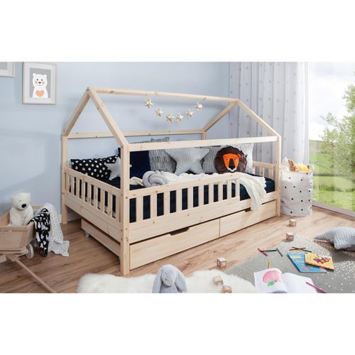 4251105962878 - TiCAA Kinderbett Hausbett Kay 140x200 inkl Schubkästen Kiefer natur