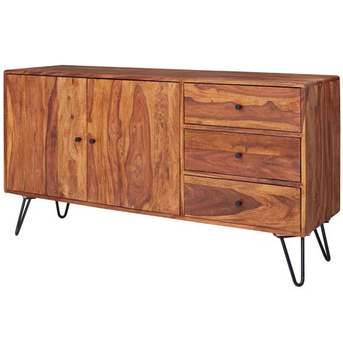 4255632531736 - Sheesham Sideboard 145x75x40 cm Landhausstil 3 Schubladen & 2 Türen Haarnadelbeine