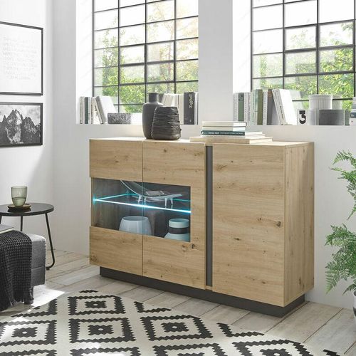 4066075004196 - Lomadox - Vitrinen-Sideboard mit Beleuchtung CARDIFF-61 in Eiche Artisan Nb mit Absetzungen in Graphit grau b h t ca 138 91 40 cm - braun