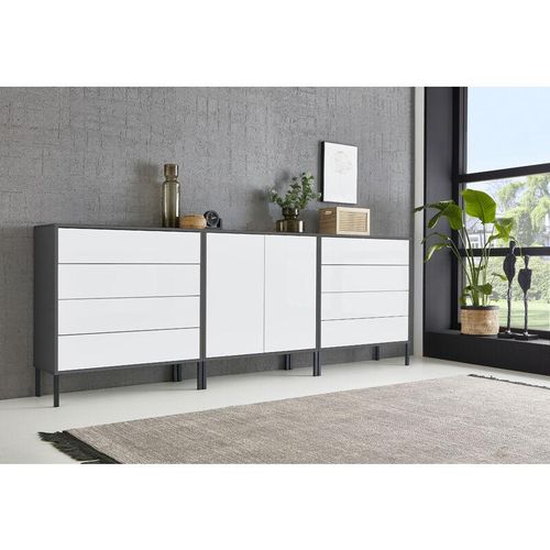 4260593582055 - Bmg Möbel - Sideboard Mailand Set 4 grifflos Metallfüße Anthrazit  Weiß - Grau