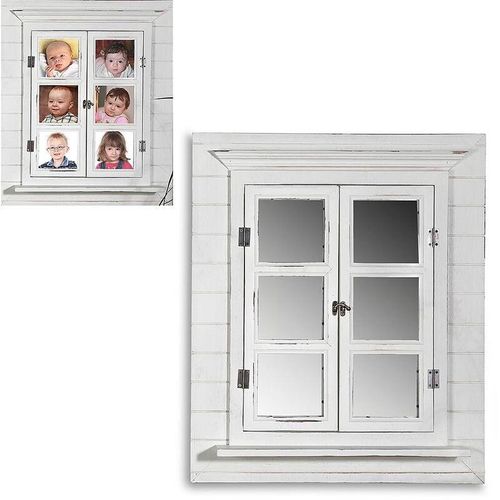 4251258906989 - Wandspiegel mit Fensterläden 64x54cm Shabby Chic Weiß Spiegelfenster mit Ablage Hängespiegel mit Fenster Fotorahmen 13x13 cm - Melko