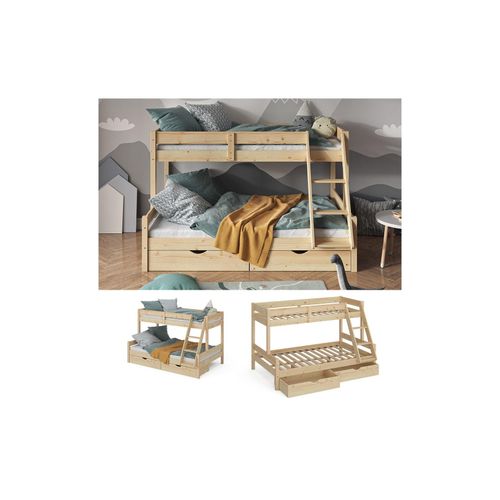 4066731227365 - Hochbett Kinderbett Spielbett Everest Natur modern 120x200 Massivholz Kinderzimmer Bett Lattenrost Bettleiter Kletterbett Doppelbett Geschwisterbett Bettschublade Rollschublade
