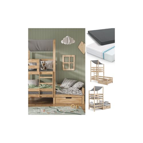 4066731052479 - VitaliSpa Spielturmbett Kinderbett Spielbett Tom Natur modern 204x218 cm Massivholz Kinderzimmer Lattenrost Bettleiter Bett Schublade Matratze Abenteuerbett Kletterbett