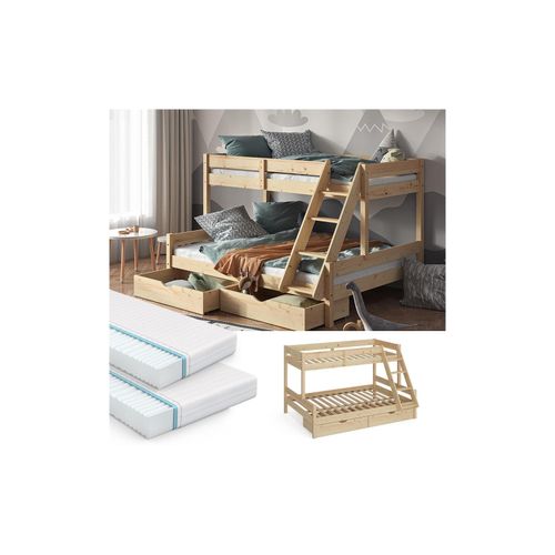 4066731227334 - Hochbett Kinderbett Spielbett Everest Natur modern 140x200 Massivholz Kinderzimmer Bett Lattenrost Bettleiter Kletterbett Doppelbett Geschwisterbett Bettschublade Rollschublade Matratze