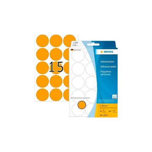 4008705022743 - HERMA Klebepunkte 2274 Ø 32 mm selbstklebend permanenthaftend per Hand beschreibbar 360 Stück auf 24 Blatt FSC®-Papier leuchtorange