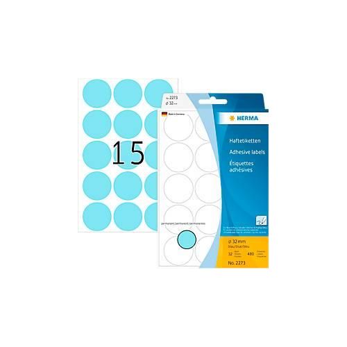 4008705022736 - HERMA Klebepunkte 2273 Ø 32 mm selbstklebend permanenthaftend per Hand beschreibbar 480 Stück auf 32 Blatt FSC®-Papier blau