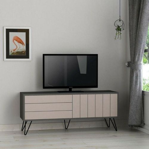 0784196609734 - Toscohome - TV-Ständer 139 cm mit zwei Klapptüren in Anthrazit und Taubengrau - Piccadilly