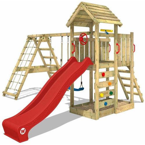 4251511832406 - Spielturm Klettergerüst RocketFlyer mit Schaukel & Rutsche Kletterturm mit Sandkasten Leiter & Spiel-Zubehör - rot - Wickey