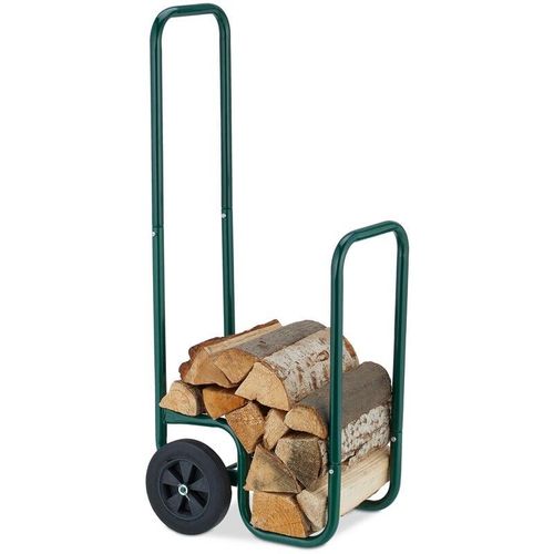 4052025473181 - Kaminholzwagen 2 Gummireifen Holzwagen bis 60 kg für gängige Holzscheite Brennholz-Sackkarre Stahl grün - Relaxdays