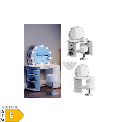 4251421970458 - Schminktisch Frisiertisch Frisierkommode Almina weiß LED Spiegel Hocker
