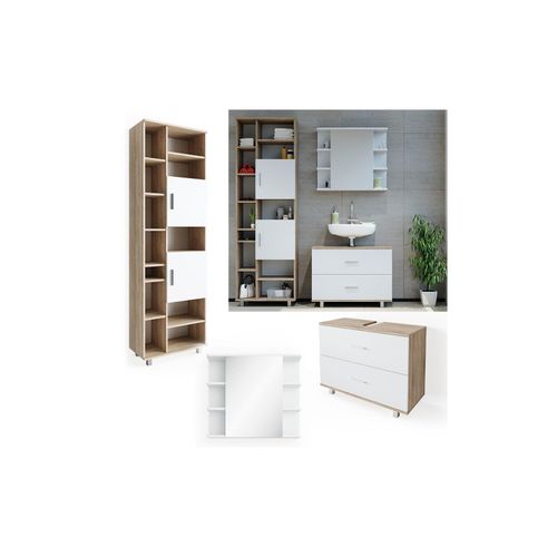 4251421952416 - VICCO Badmöbel Set ILIAS Weiß Eiche Spiegel Kommode Unterschrank Badschrank